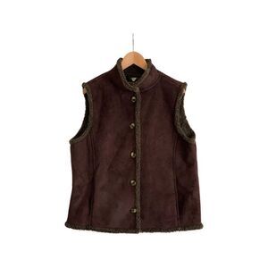 L.L. Bean Faux Suede Leather Brown Sherpa Lined Button Down Vest
